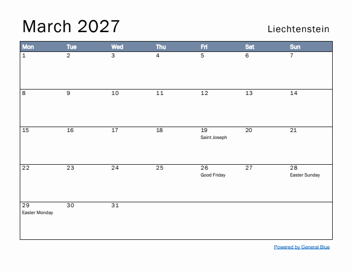 March 2027 Simple Monthly Calendar for Liechtenstein