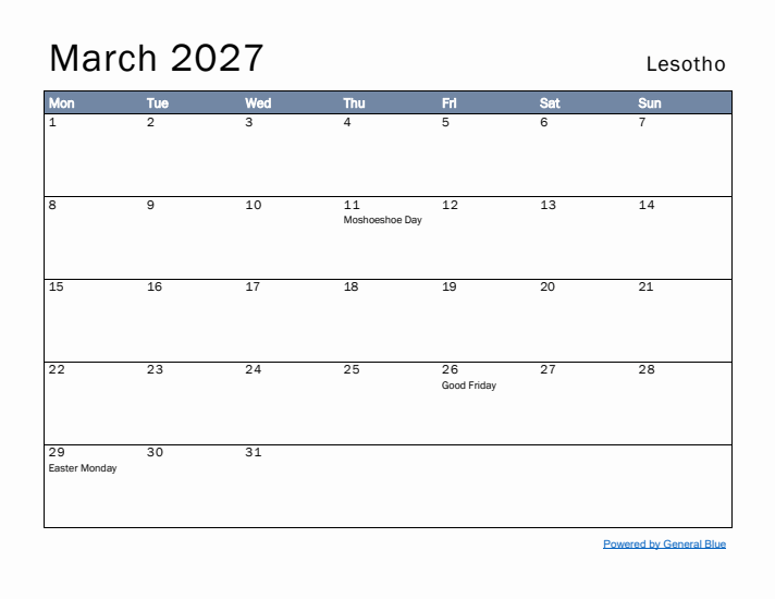 March 2027 Simple Monthly Calendar for Lesotho