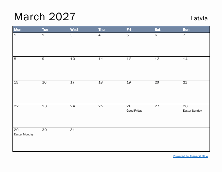 March 2027 Simple Monthly Calendar for Latvia