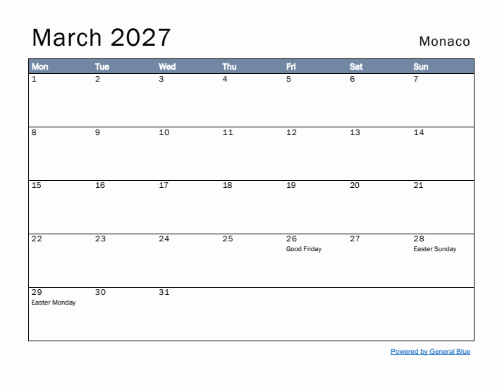 March 2027 Simple Monthly Calendar for Monaco