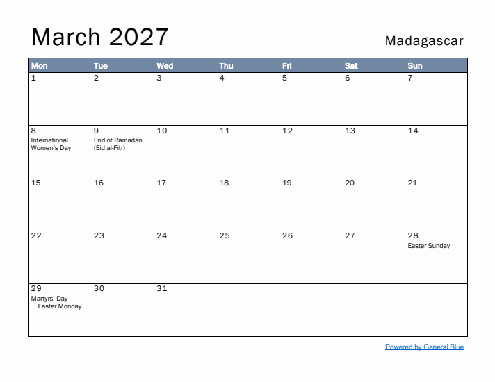 March 2027 Simple Monthly Calendar for Madagascar