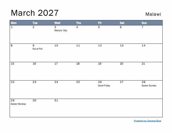 March 2027 Simple Monthly Calendar for Malawi