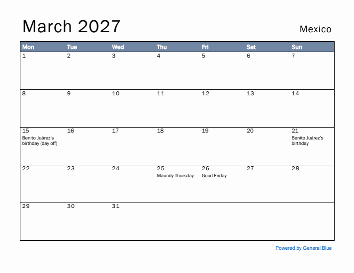 March 2027 Simple Monthly Calendar for Mexico