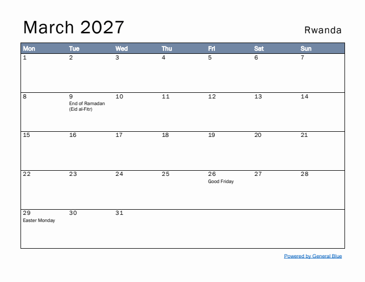 March 2027 Simple Monthly Calendar for Rwanda