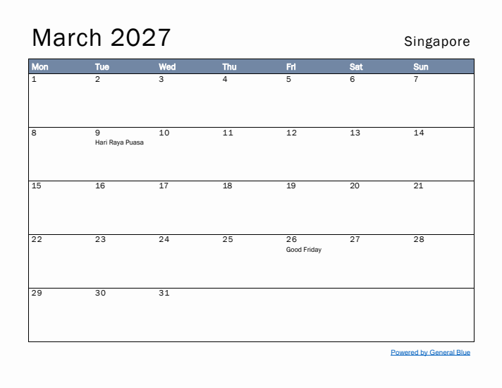 March 2027 Simple Monthly Calendar for Singapore