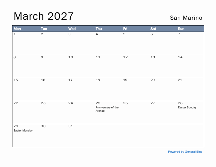 March 2027 Simple Monthly Calendar for San Marino