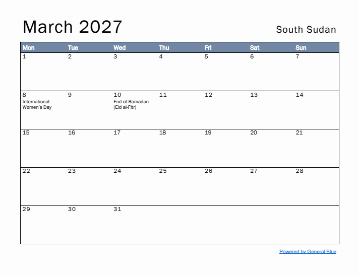 March 2027 Simple Monthly Calendar for South Sudan