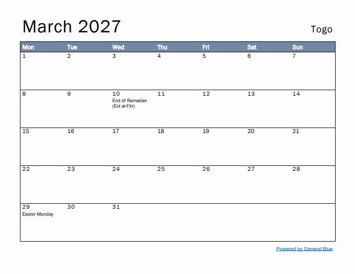 March 2027 Simple Monthly Calendar for Togo