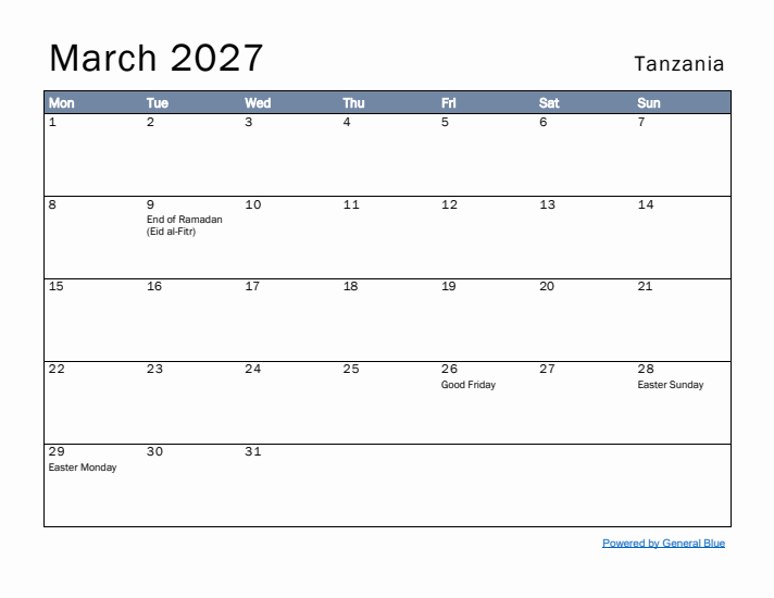 March 2027 Simple Monthly Calendar for Tanzania