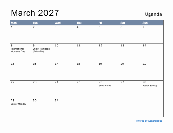 March 2027 Simple Monthly Calendar for Uganda