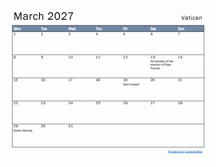 March 2027 Simple Monthly Calendar for Vatican