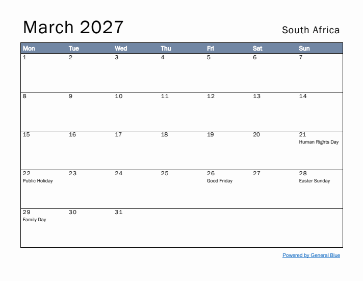 March 2027 Simple Monthly Calendar for South Africa