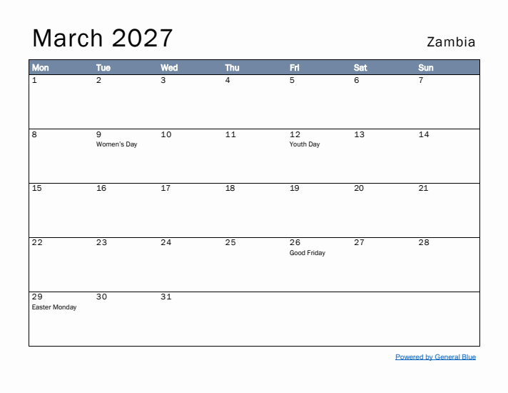 March 2027 Simple Monthly Calendar for Zambia