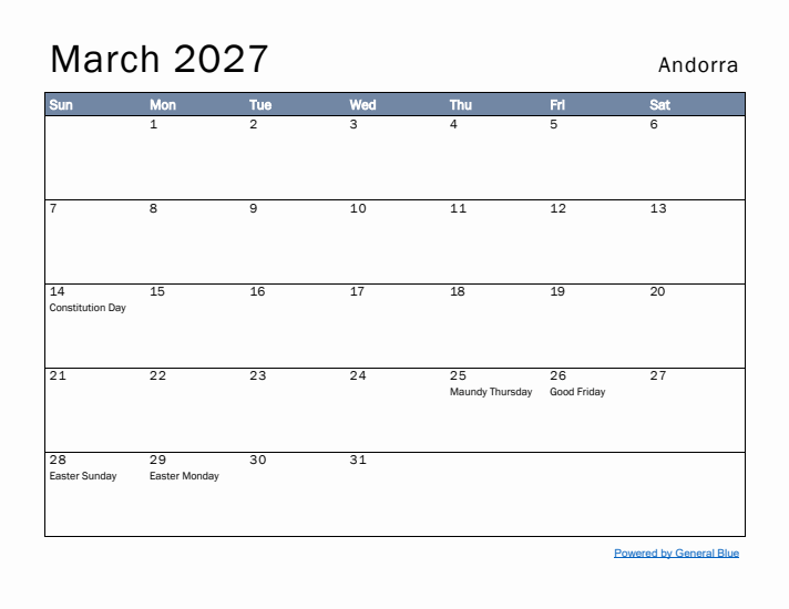 March 2027 Simple Monthly Calendar for Andorra