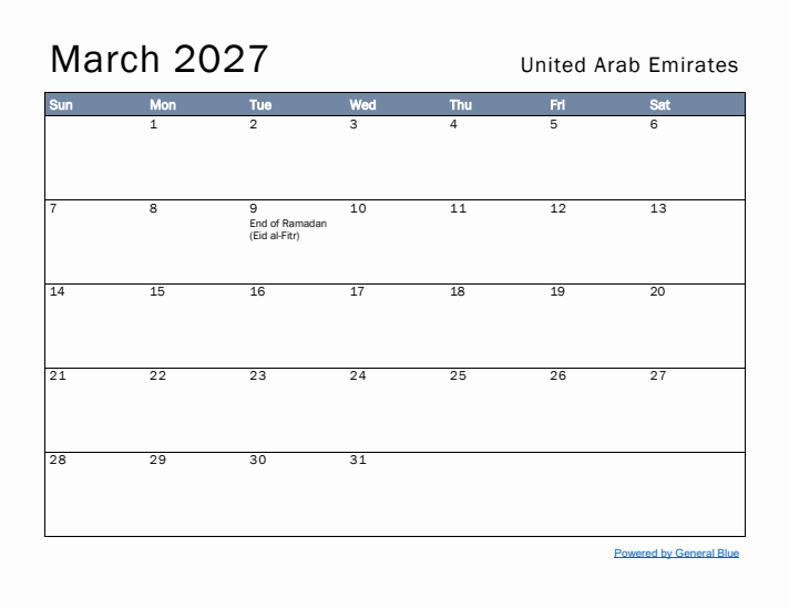 March 2027 Simple Monthly Calendar for United Arab Emirates