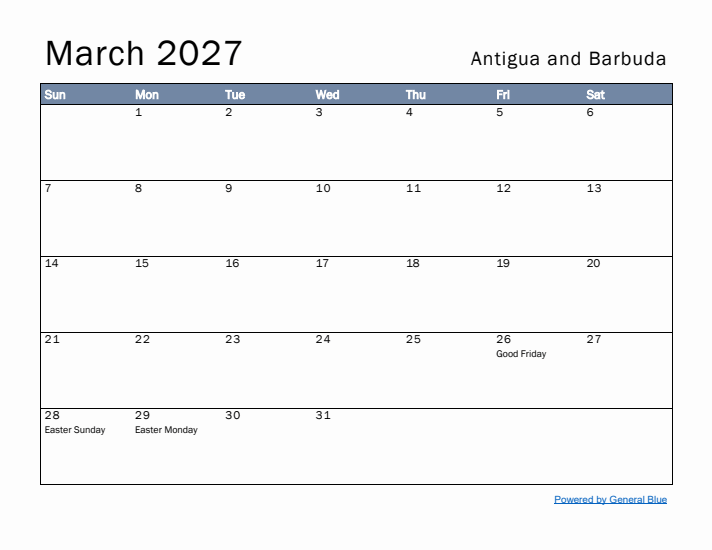 March 2027 Simple Monthly Calendar for Antigua and Barbuda