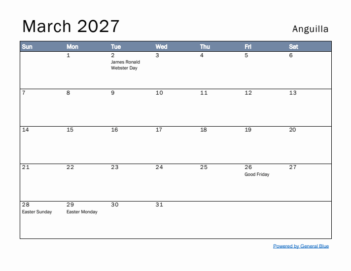 March 2027 Simple Monthly Calendar for Anguilla