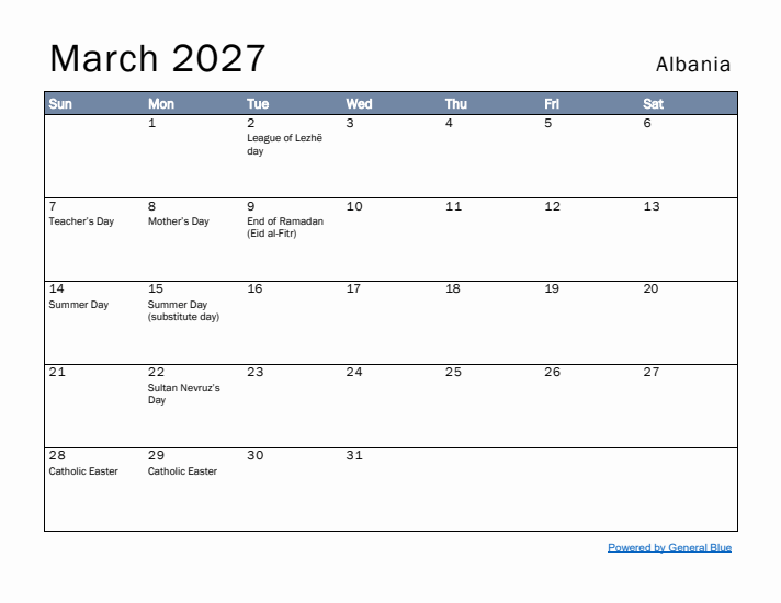 March 2027 Simple Monthly Calendar for Albania