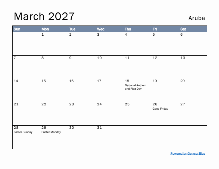 March 2027 Simple Monthly Calendar for Aruba