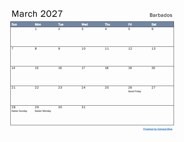 March 2027 Simple Monthly Calendar for Barbados