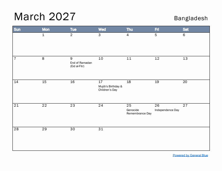 March 2027 Simple Monthly Calendar for Bangladesh