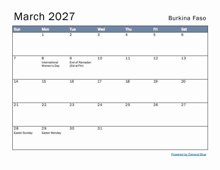 March 2027 Simple Monthly Calendar for Burkina Faso