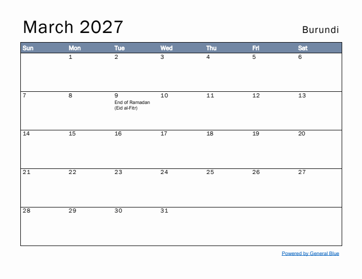 March 2027 Simple Monthly Calendar for Burundi