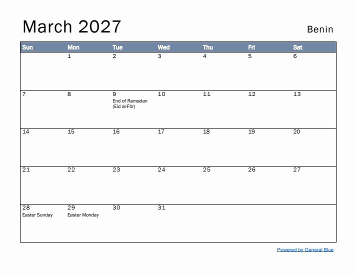 March 2027 Simple Monthly Calendar for Benin