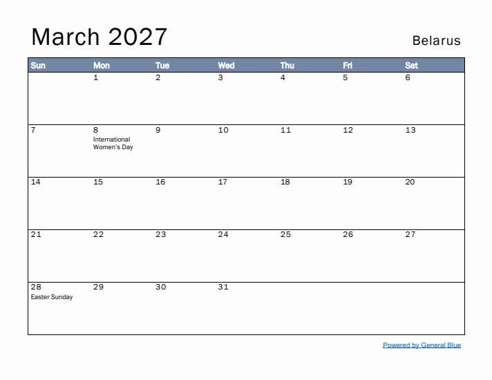 March 2027 Simple Monthly Calendar for Belarus