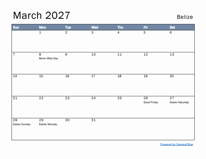 March 2027 Simple Monthly Calendar for Belize