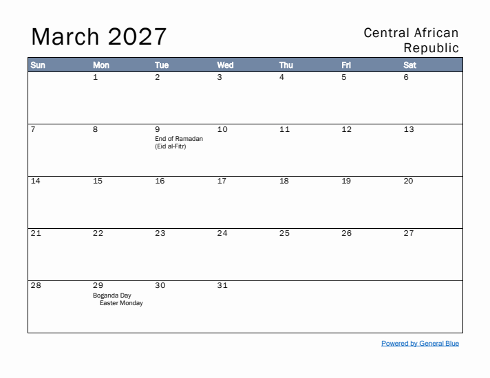 March 2027 Simple Monthly Calendar for Central African Republic