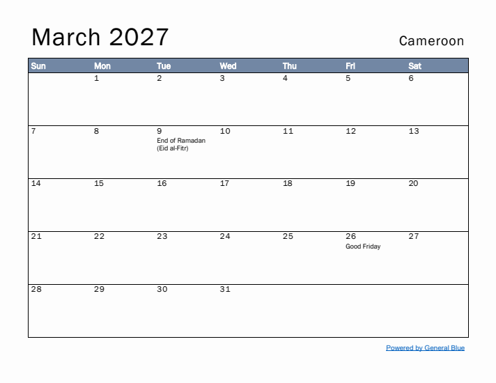 March 2027 Simple Monthly Calendar for Cameroon