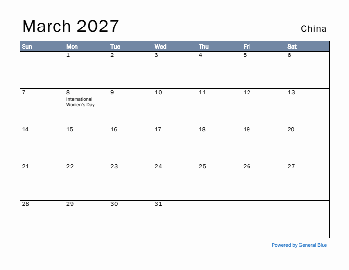 March 2027 Simple Monthly Calendar for China