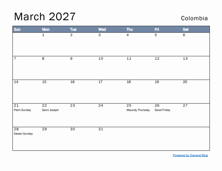 March 2027 Simple Monthly Calendar for Colombia