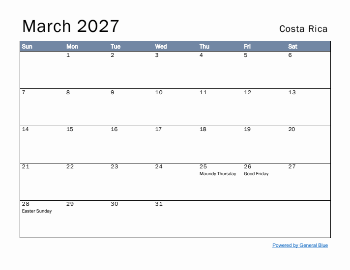 March 2027 Simple Monthly Calendar for Costa Rica