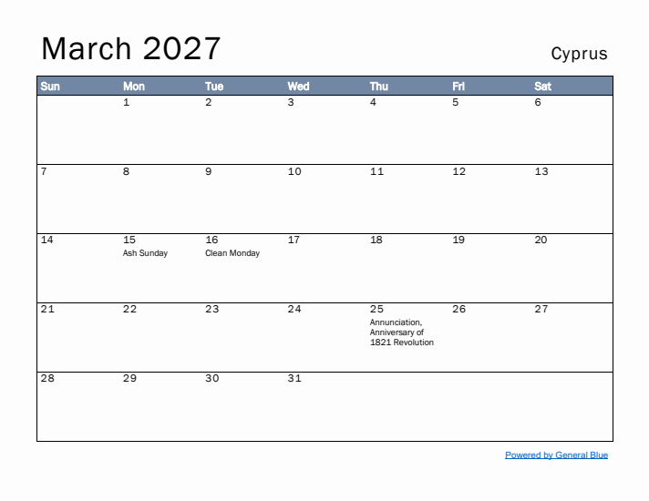 March 2027 Simple Monthly Calendar for Cyprus