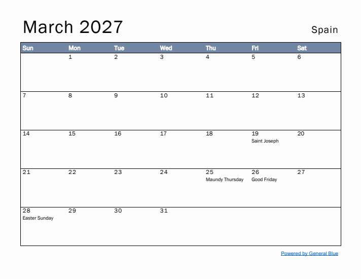 March 2027 Simple Monthly Calendar for Spain