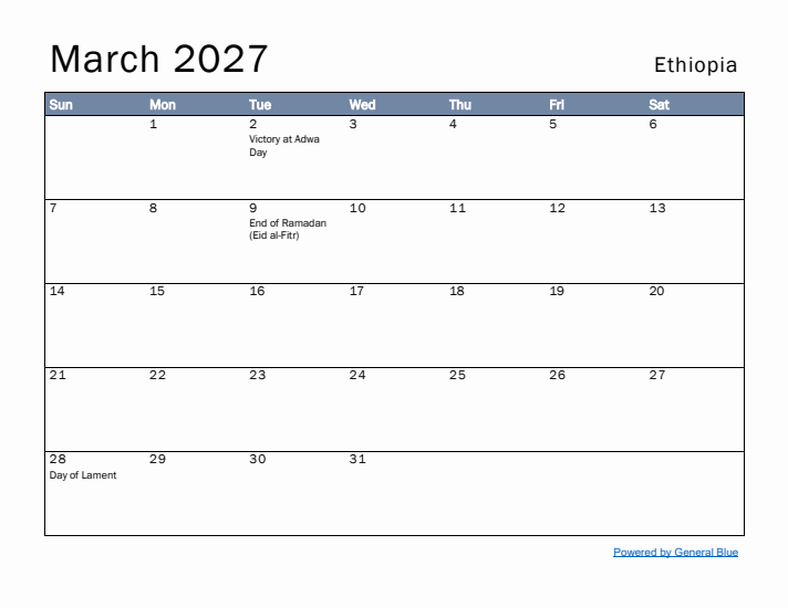 March 2027 Simple Monthly Calendar for Ethiopia