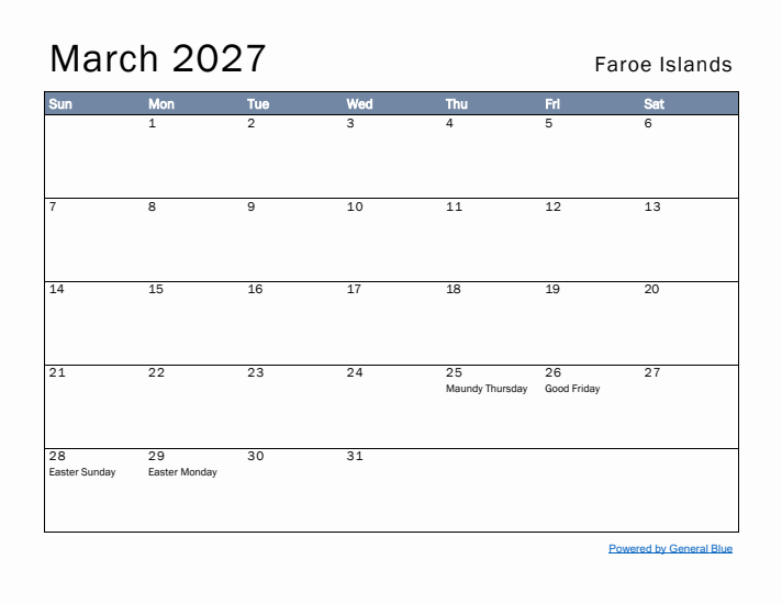 March 2027 Simple Monthly Calendar for Faroe Islands