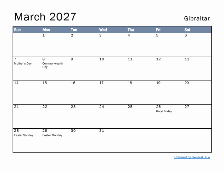 March 2027 Simple Monthly Calendar for Gibraltar