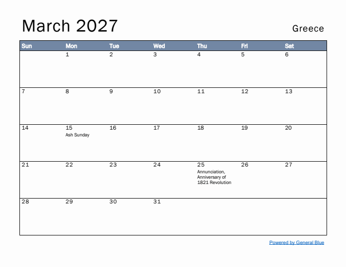 March 2027 Simple Monthly Calendar for Greece