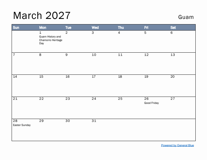 March 2027 Simple Monthly Calendar for Guam