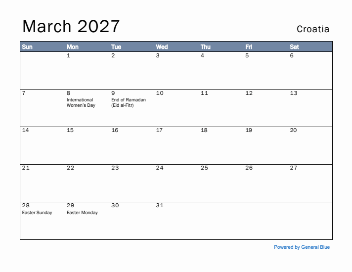 March 2027 Simple Monthly Calendar for Croatia