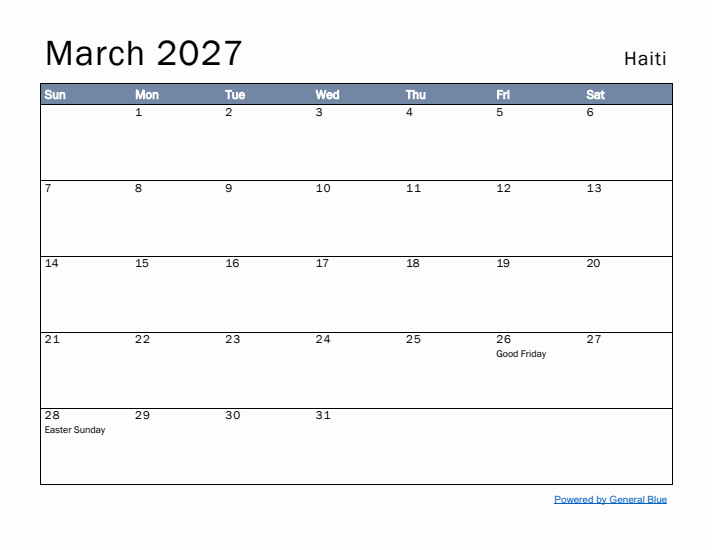 March 2027 Simple Monthly Calendar for Haiti