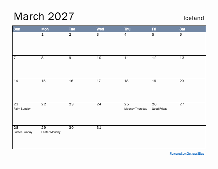 March 2027 Simple Monthly Calendar for Iceland