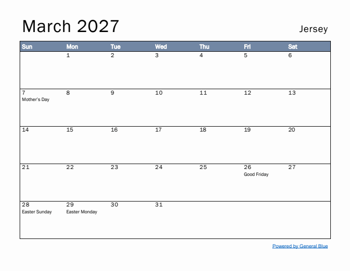 March 2027 Simple Monthly Calendar for Jersey