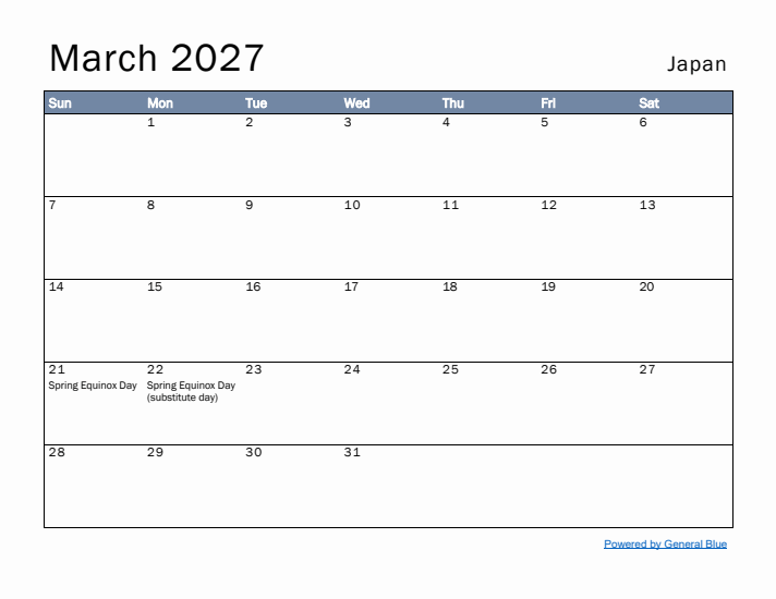 March 2027 Simple Monthly Calendar for Japan