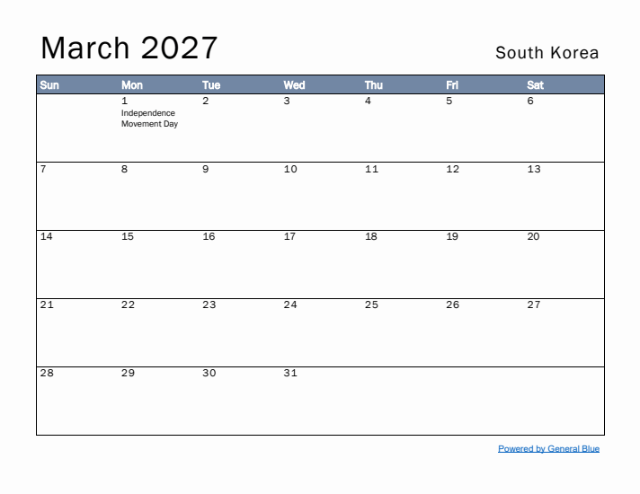 March 2027 Simple Monthly Calendar for South Korea