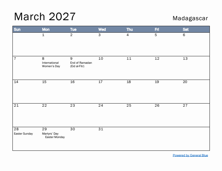 March 2027 Simple Monthly Calendar for Madagascar