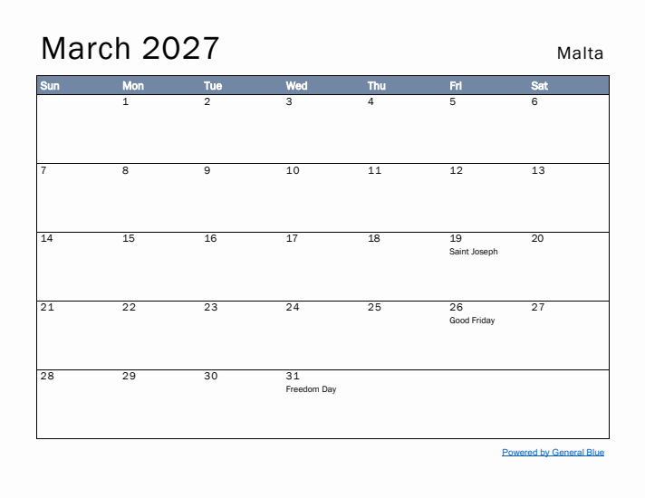 March 2027 Simple Monthly Calendar for Malta